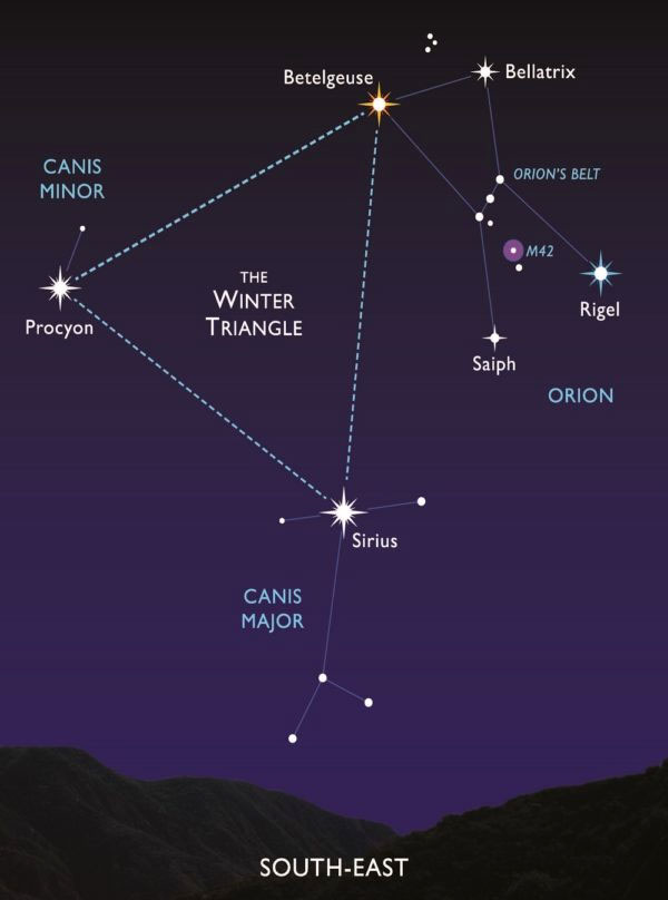 Photo showing the stars in the Winter Triangle and their surrounding constellations
