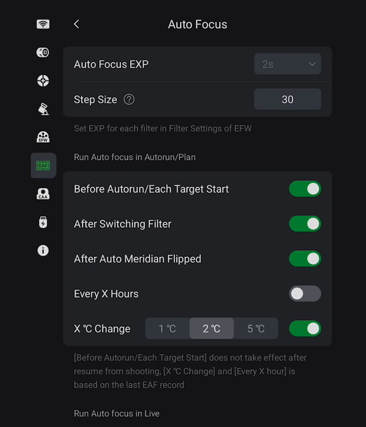 auto focus settings on the ASIAIR