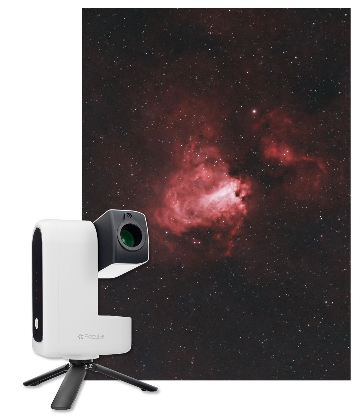 ZWO Seestar S30 smart telescope on tripod capturing a bright nebula