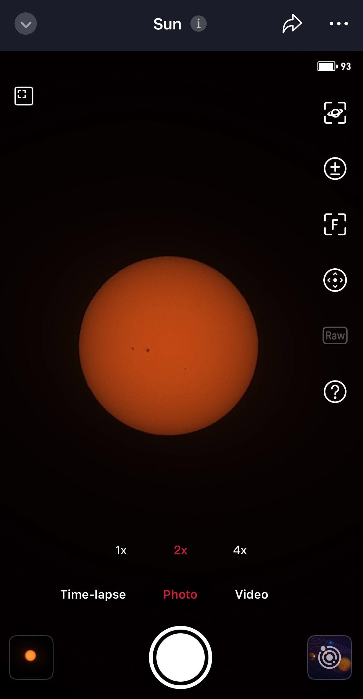 Solar imaging Seestar S30 Pro interface