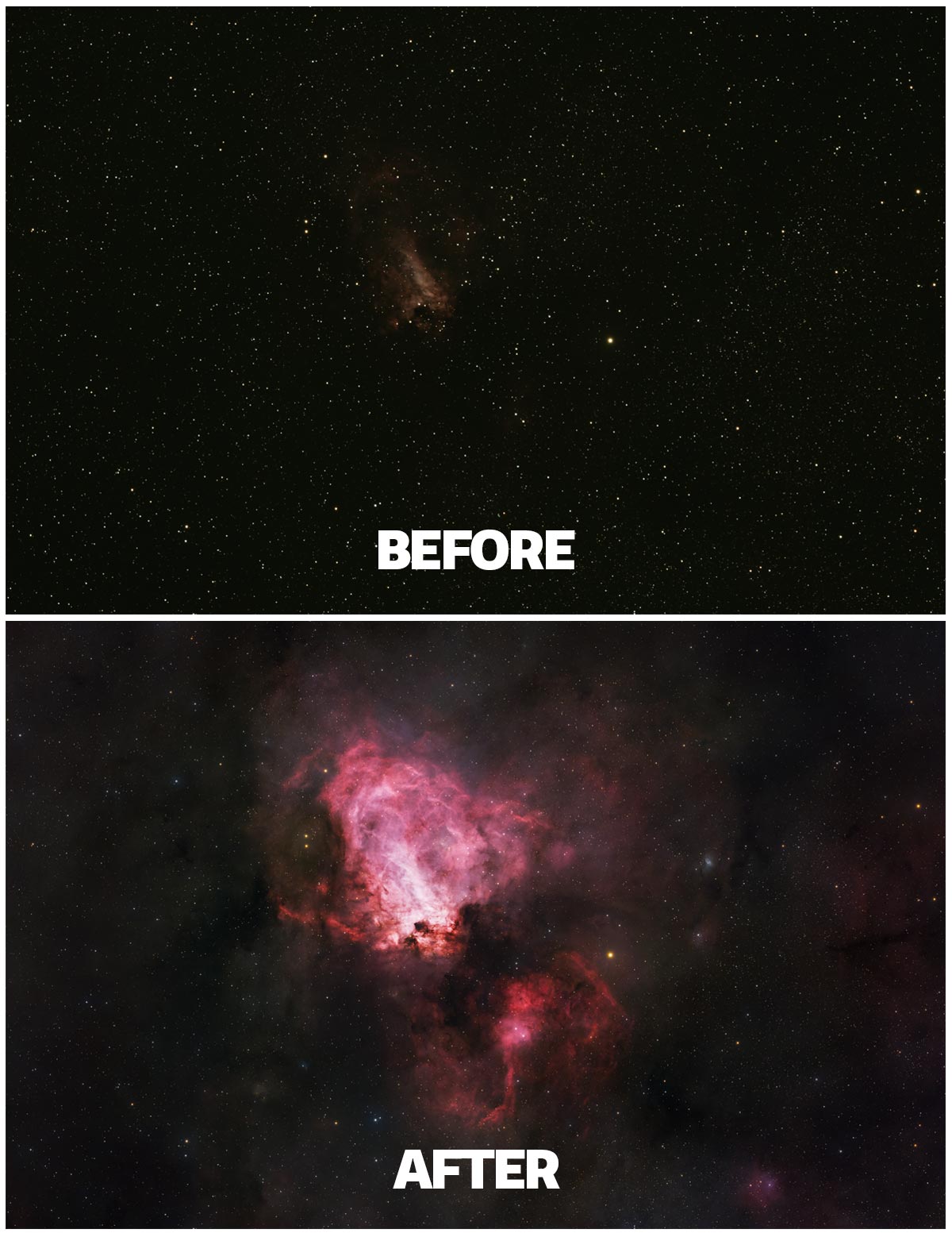 astrophotography processing before and after photo